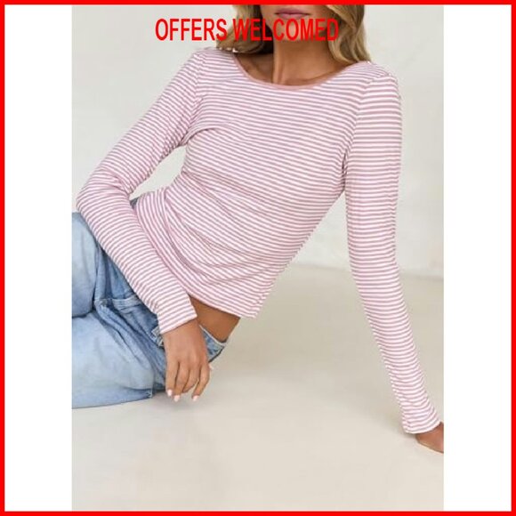 Striped Backless Crop Top Long Sleeve Blouse Y2K Boat Neck - Picture 7 of 8